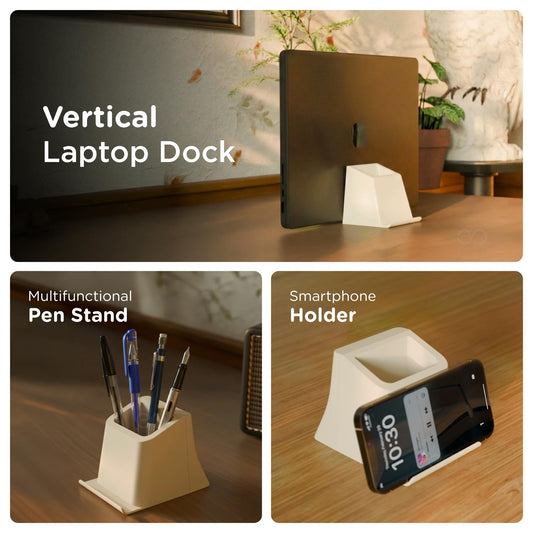 eo EZ Desk 3-in-1 pen stand with phone holder and vertical laptop stand on a study desk