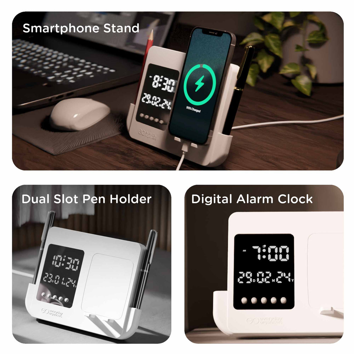 Clockwise - Digital Alarm Clock with Pen Stand & Phone Holder ...