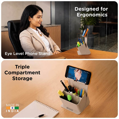 eo Apex desk organiser with raised phone holder and multi-compartment storage on an office desk