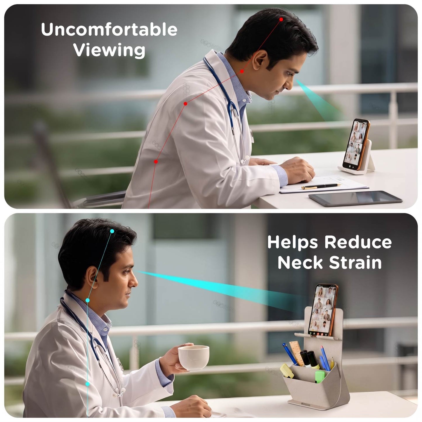 Illustration comparing low and raised phone viewing positions using the eo Apex phone holder