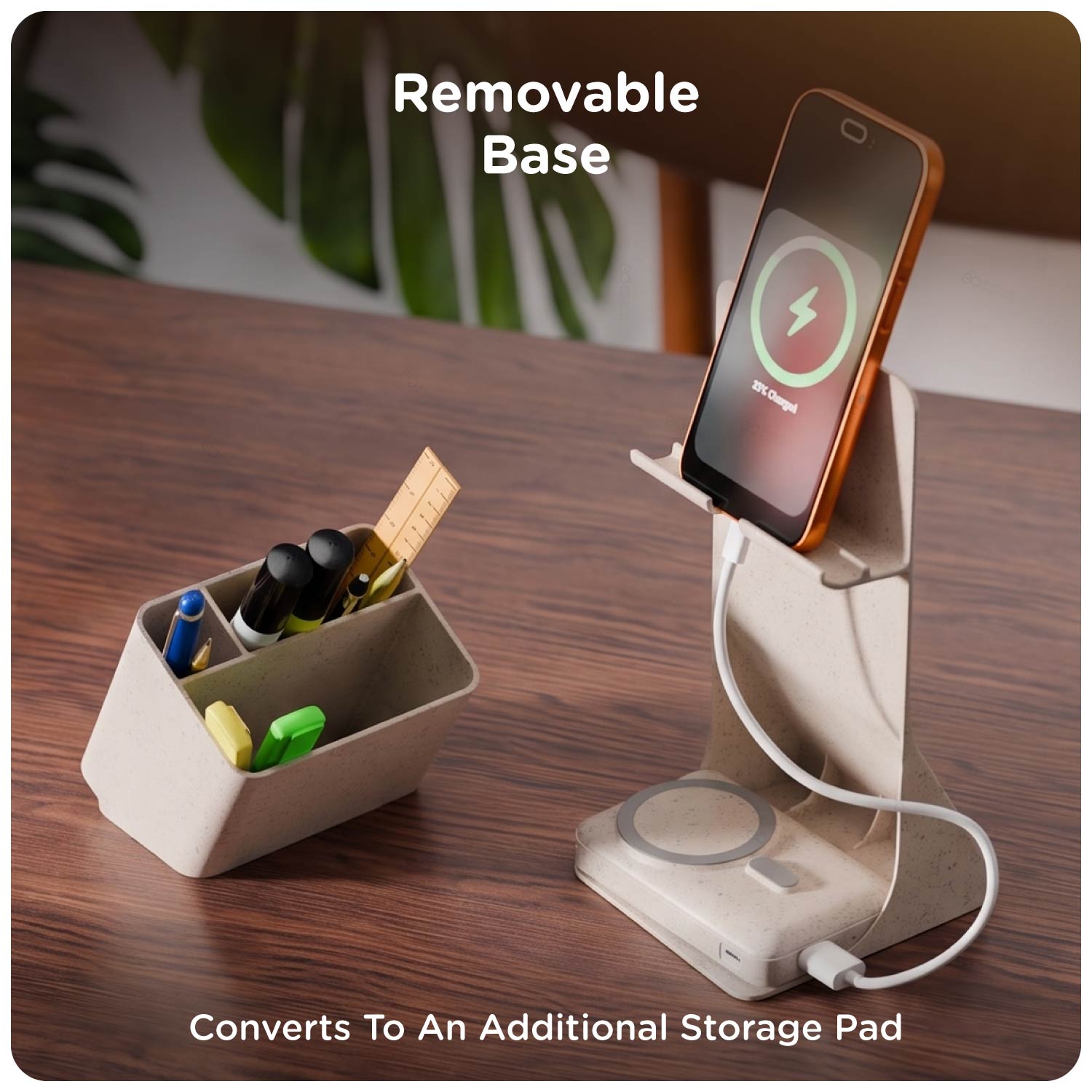 eo Apex removable stationery organiser beside its phone-holder base and separate charging accessories