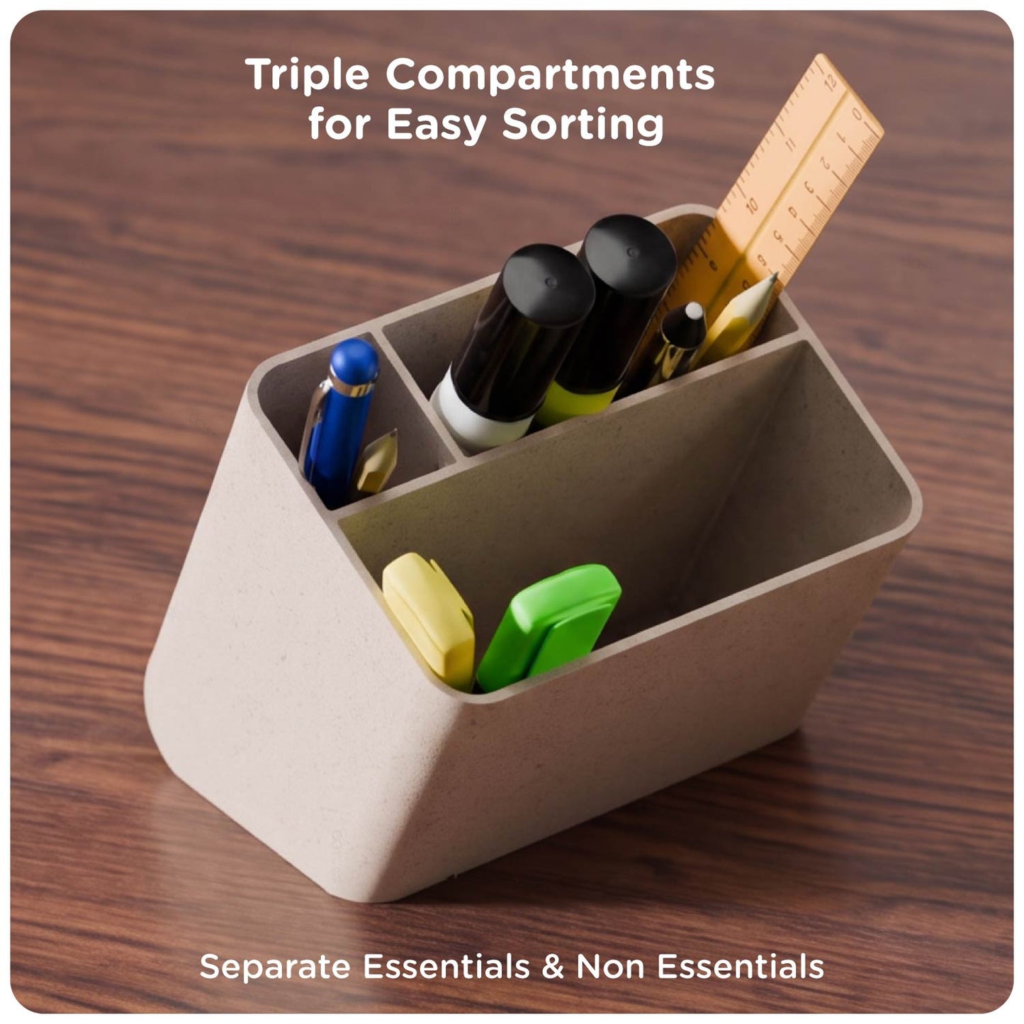 Close-up of the eo Apex organiser compartments holding pens, markers and rulers