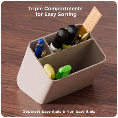 Close-up of the eo Apex organiser compartments holding pens, markers and rulers