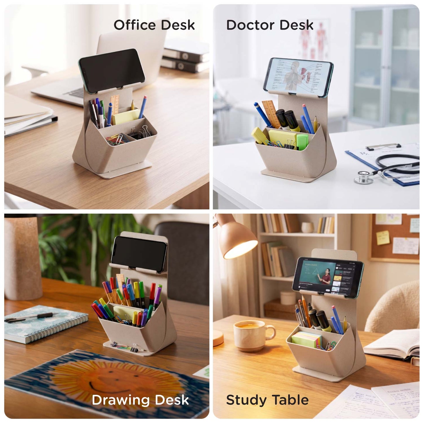 eo Apex pen stand and phone holder shown on office, clinic, drawing and study desks