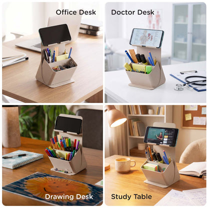 eo Apex pen stand and phone holder shown on office, clinic, drawing and study desks