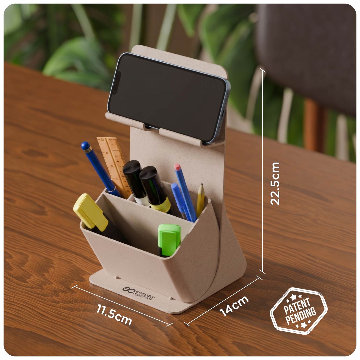 eo Apex desk organiser and phone holder with a product dimension guide on a wooden desk