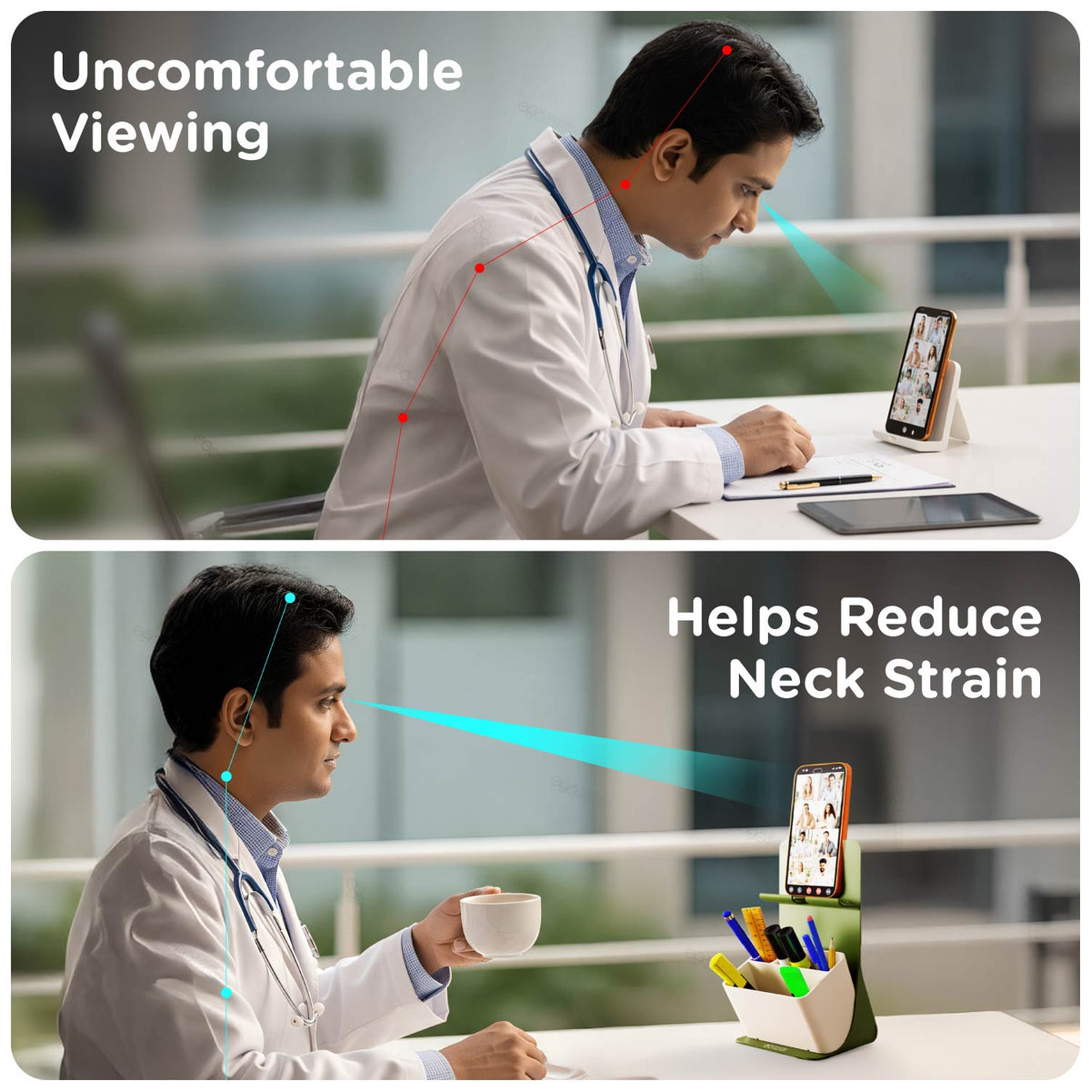A two-panel marketing graphic showing a doctor in a white coat at a desk using a phone stand and video call setup. The top panel is labeled 'Uncomfortable Viewing' with red dotted body/neck alignment lines and a phone on a stand.