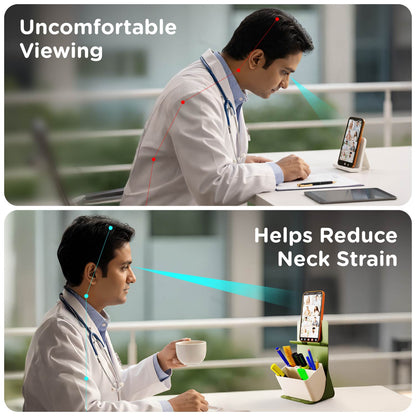 A two-panel marketing graphic showing a doctor in a white coat at a desk using a phone stand and video call setup. The top panel is labeled 'Uncomfortable Viewing' with red dotted body/neck alignment lines and a phone on a stand.