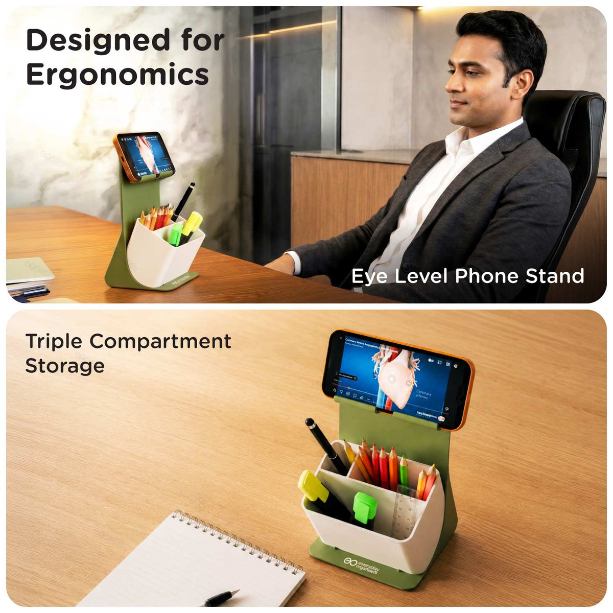 An ergonomic desk phone stand and triple-compartment organizer shown in a split promotional layout. The top panel shows a man seated at a desk using the stand, with text reading 'Designed for Ergonomics' and 'Eye Level Phone Stand.