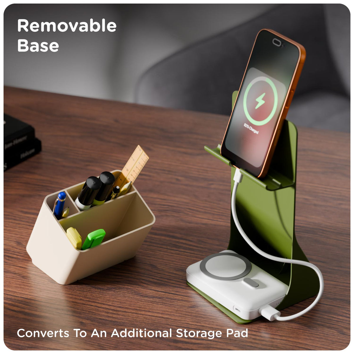 Removable beige pen holder separated from the olive phone stand base, creating an extra storage pad
