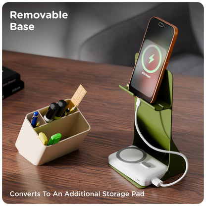 Removable beige pen holder separated from the olive phone stand base, creating an extra storage pad