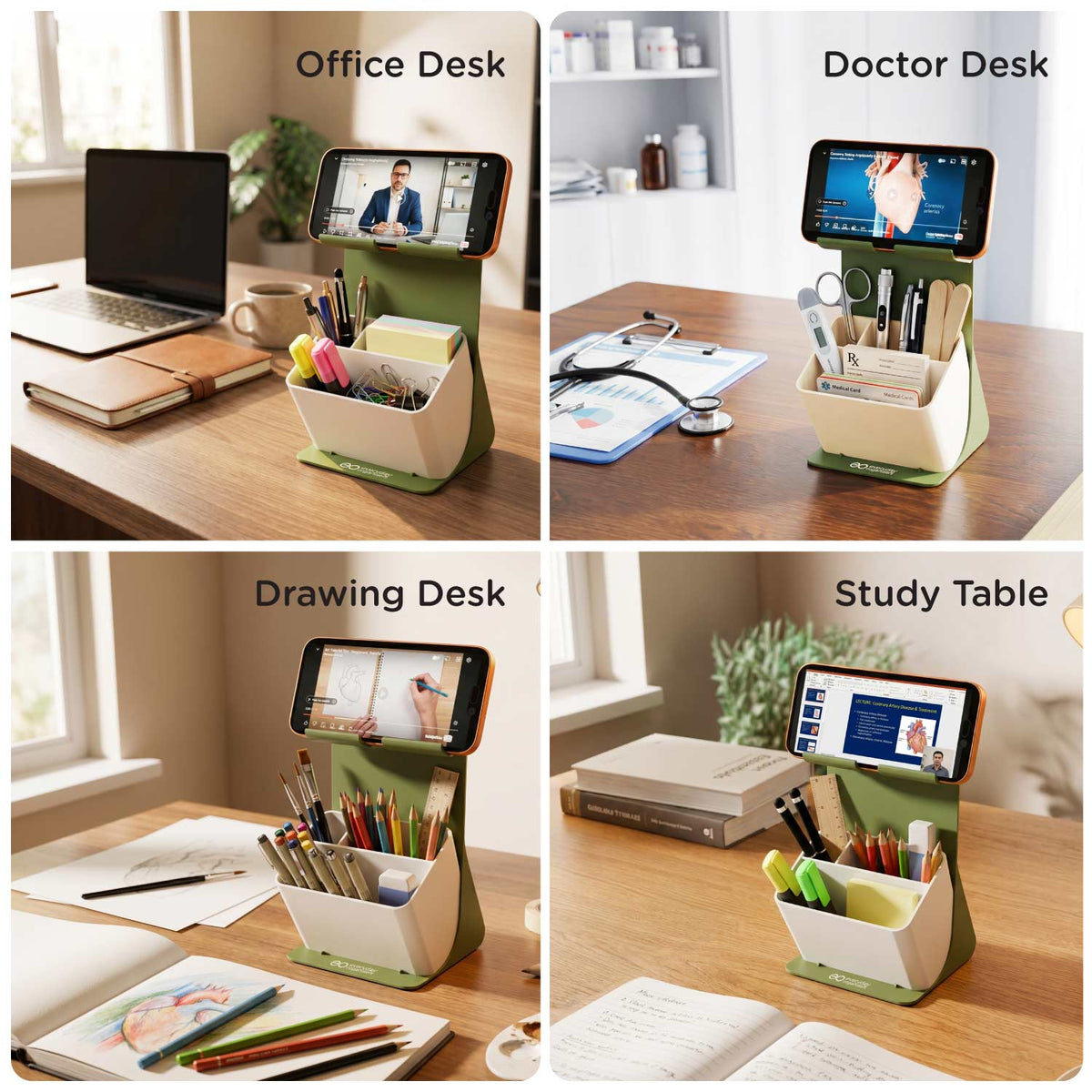 eo Apex desk organiser and mobile holder used on office, doctor, drawing and student study tables