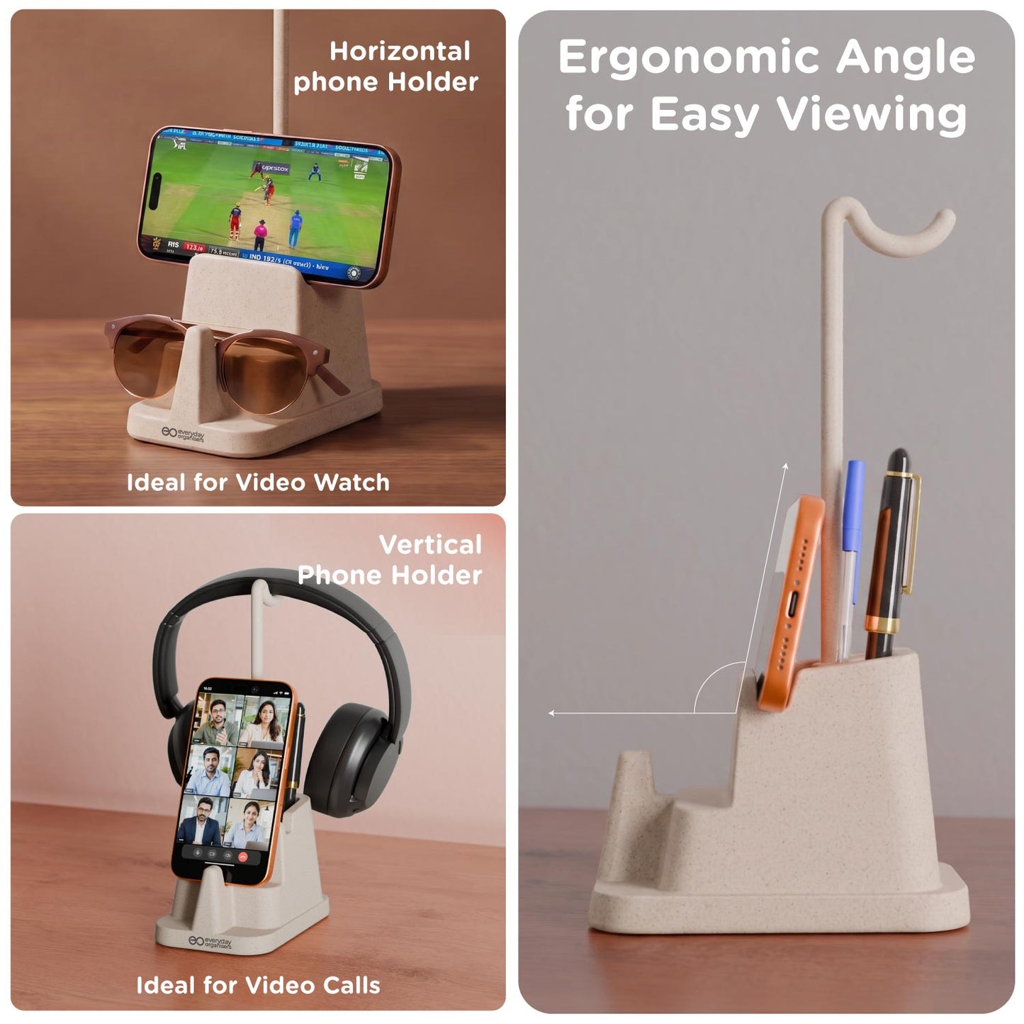 eo Desk Station Lite holding a phone vertically and horizontally at an angled view