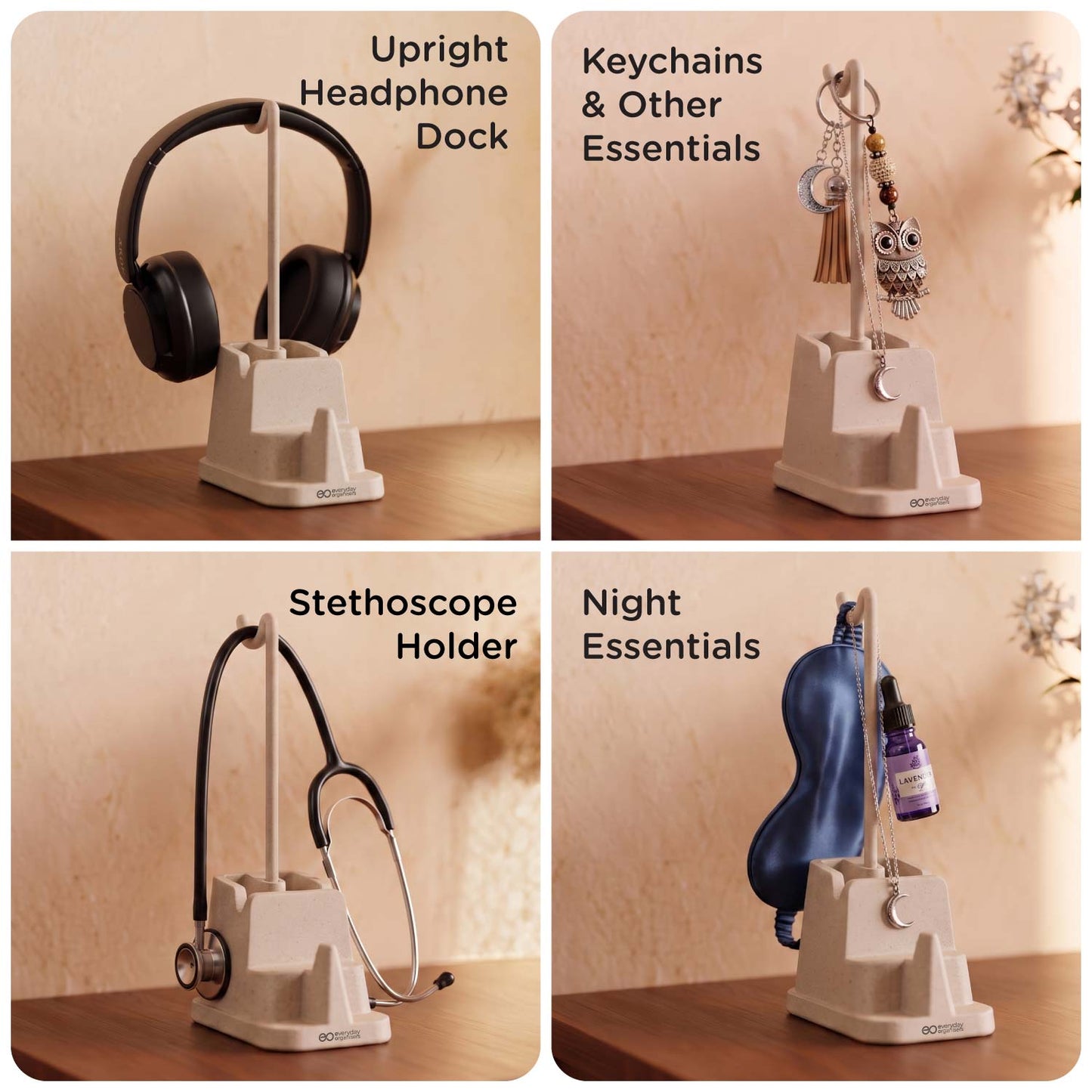 eo Desk Station Lite used as a headphone, keychain, stethoscope and sleep mask holder