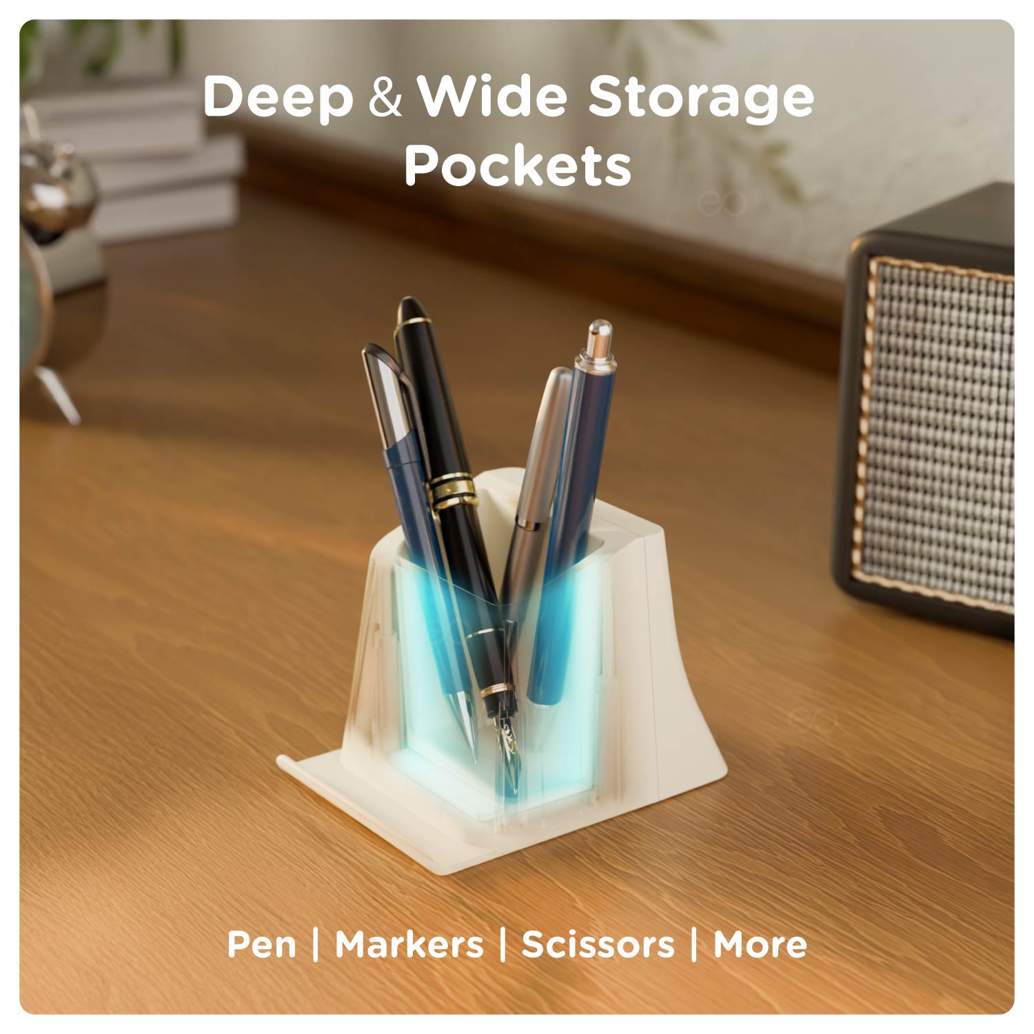 eo EZ Desk deep and wide pen stand holding pens, markers and stationery on a wooden office desk