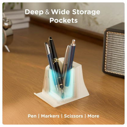 eo EZ Desk deep and wide pen stand holding pens, markers and stationery on a wooden office desk