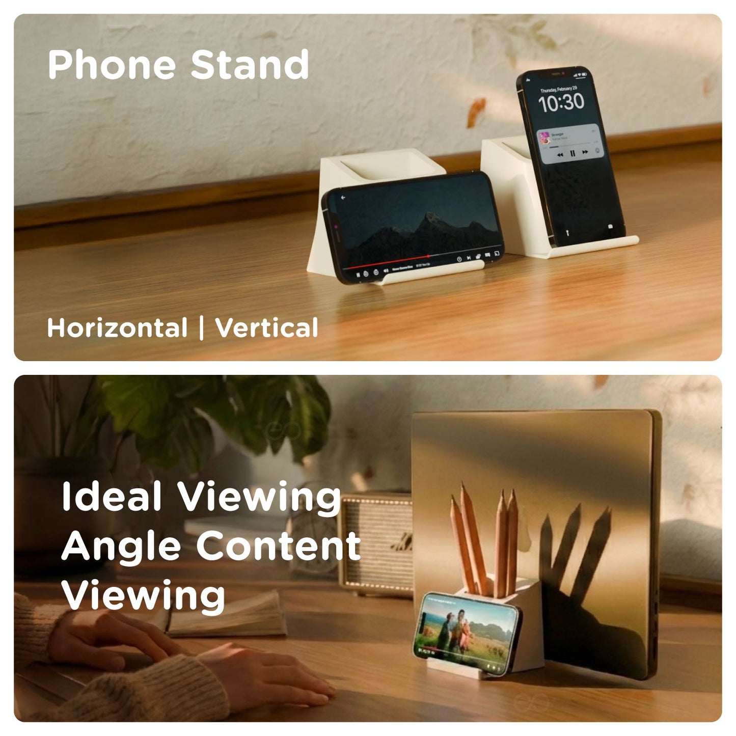 EZ Desk phone stand holding a smartphone vertically and horizontally at a comfortable viewing angle