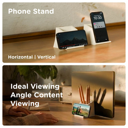 EZ Desk phone stand holding a smartphone vertically and horizontally at a comfortable viewing angle
