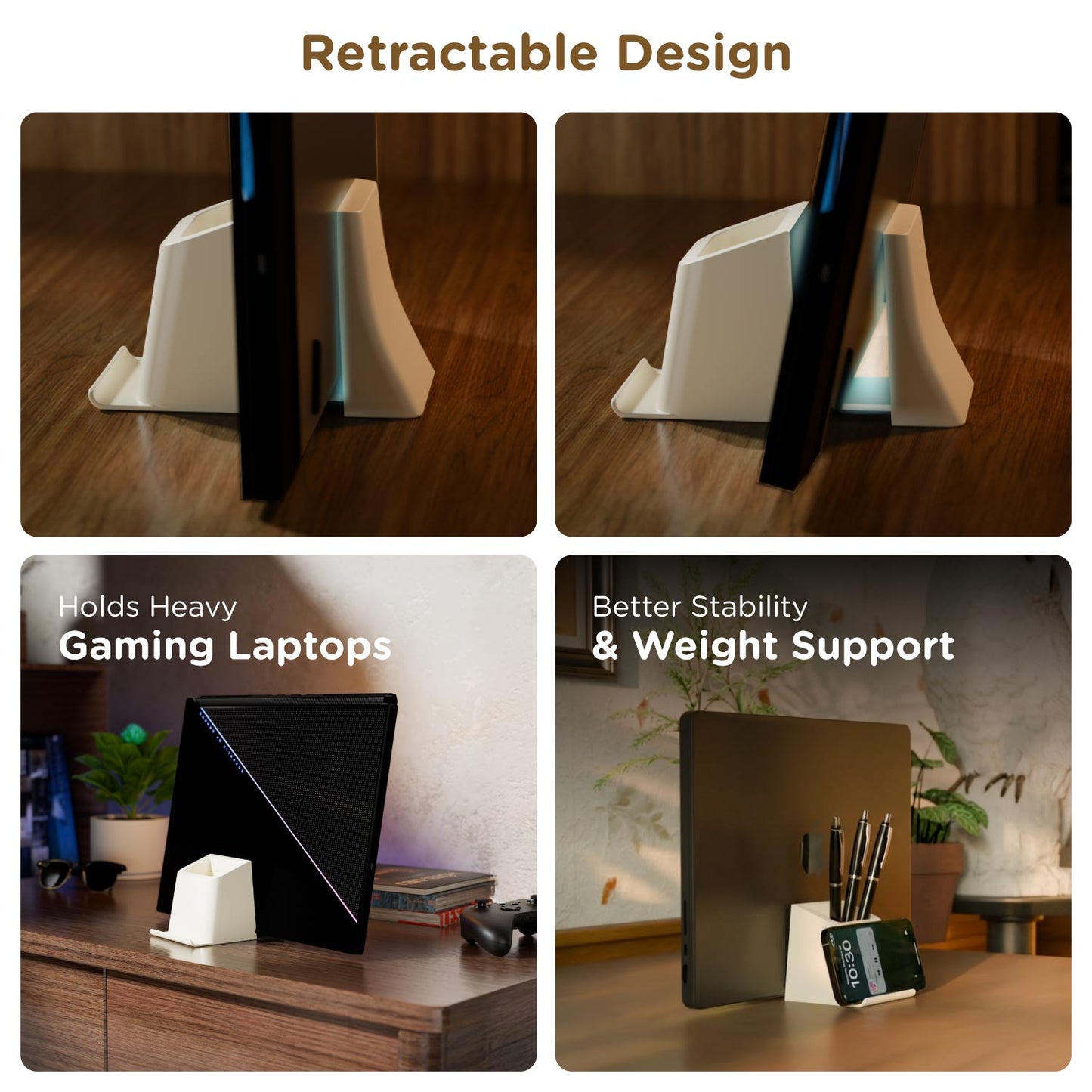 Retractable vertical laptop holder adjusting for slim and gaming laptops with stable weight support
