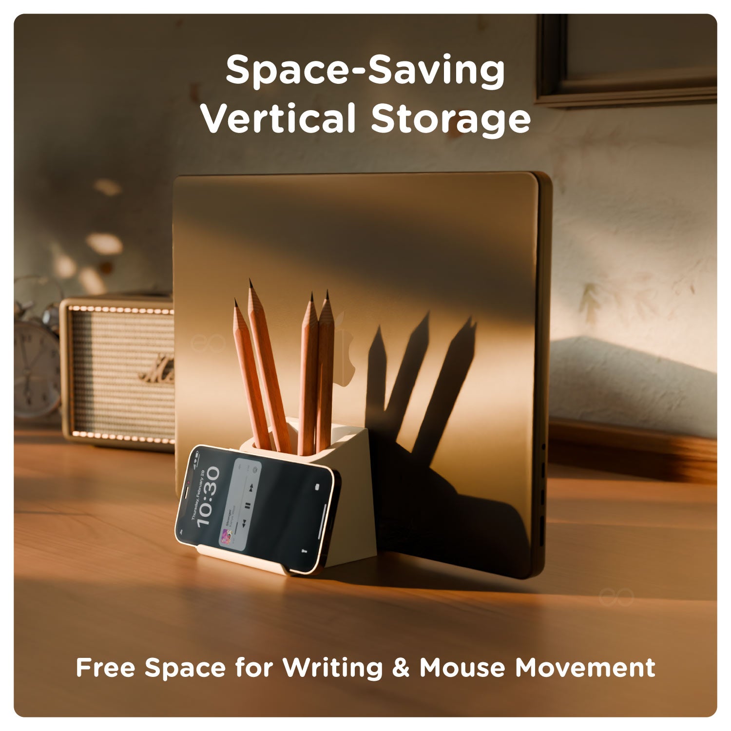 EZ Desk multifunctional organiser shown as a vertical laptop dock, pen stand and smartphone holder