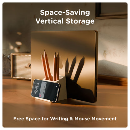 EZ Desk multifunctional organiser shown as a vertical laptop dock, pen stand and smartphone holder