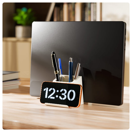 eo EZ Desk white 3-in-1 pen stand, phone holder and vertical laptop stand on a study table